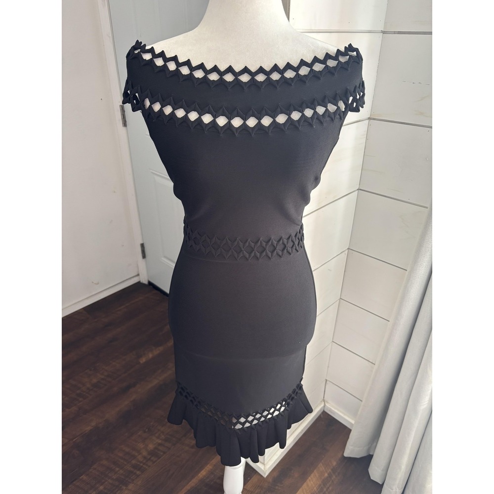 Herve Leger Milana Dress Womens Medium Black Off Shoulder Bandage Bodycon Ruffle